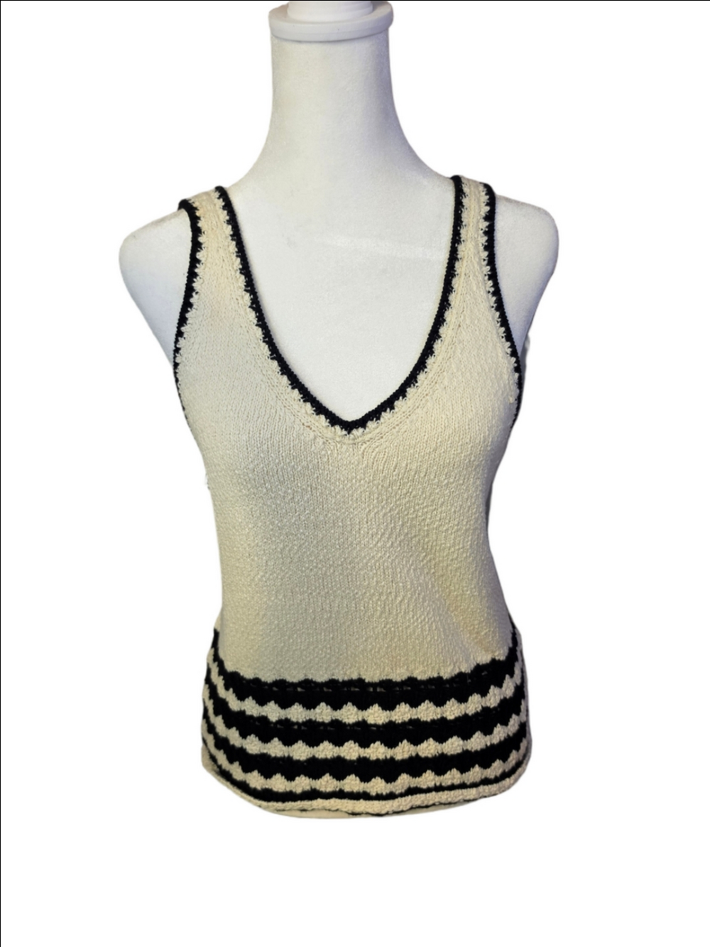 Primark Cream Tank Top Sweater Black Trim Geometric Stripe Size Medium (8-10)